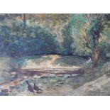 G Devan 1907 watercolour "Chickens by woodland pool", signed and dated, framed, The w/c measures