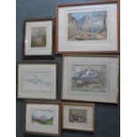 Six Alpine scene watercolours and drawing, all by differing artists, all framed (6)