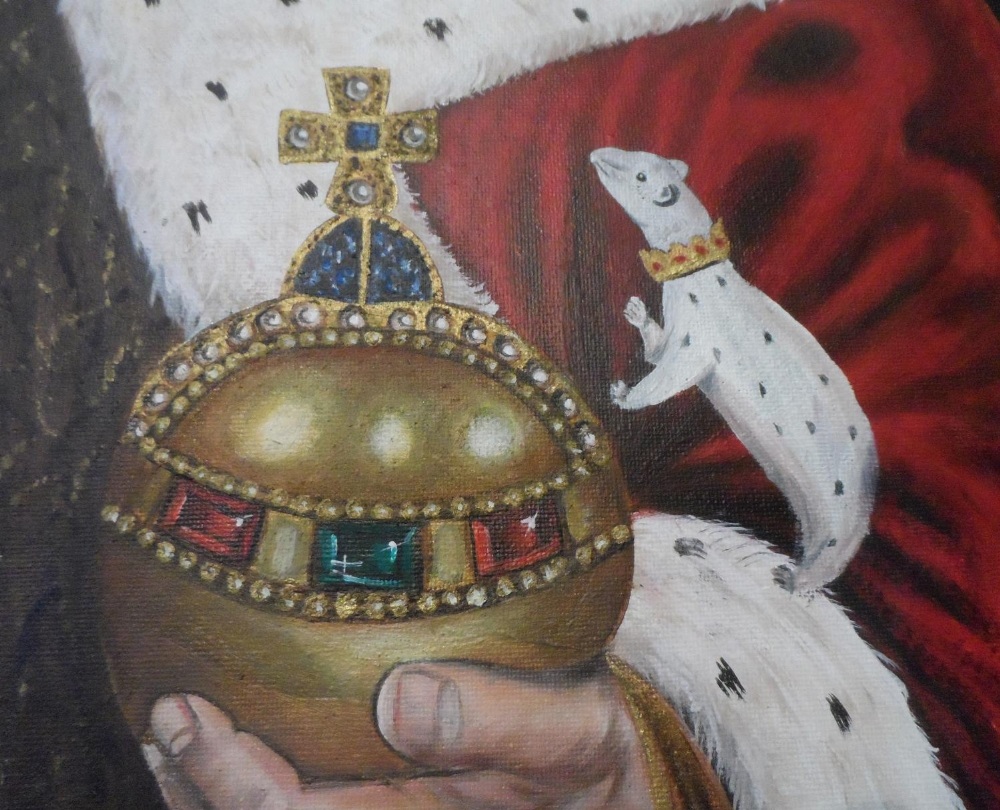 Superb quality, large 20th/21st oil on board, portrait of King Henry in full coronation regalia with - Image 4 of 8