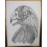 Unsigned, modernist pen & ink "Head of Eagle", framed, The drawing measures 37 x 28 cm