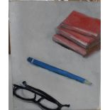 Unsigned oil on canvas, "Books & pencil", unsigned, The oil measures 25 x 31 cm