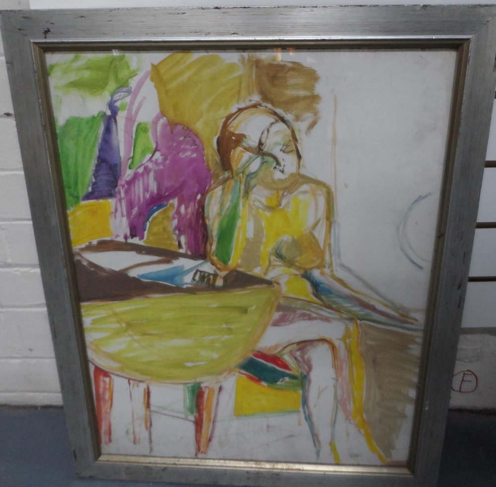 Large, mid/late 20thC, modernist oil on card sketch of a lady seated at a table, unsigned, framed