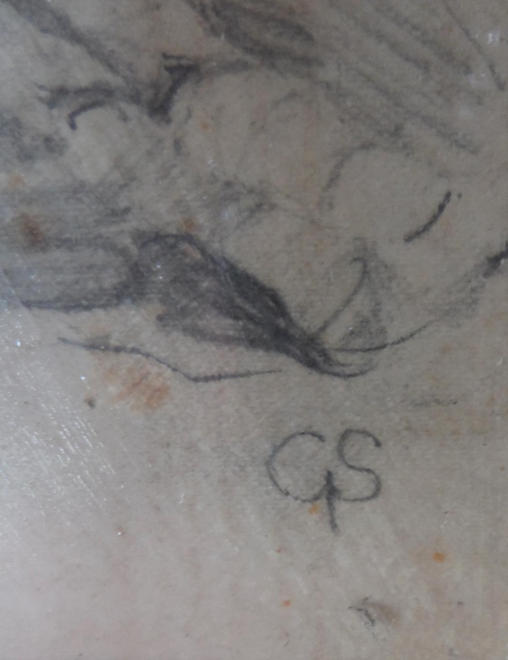 Mid 20thC pencil sketch of a young seated boy, signed with initials "G S", wood frame, The - Image 5 of 5