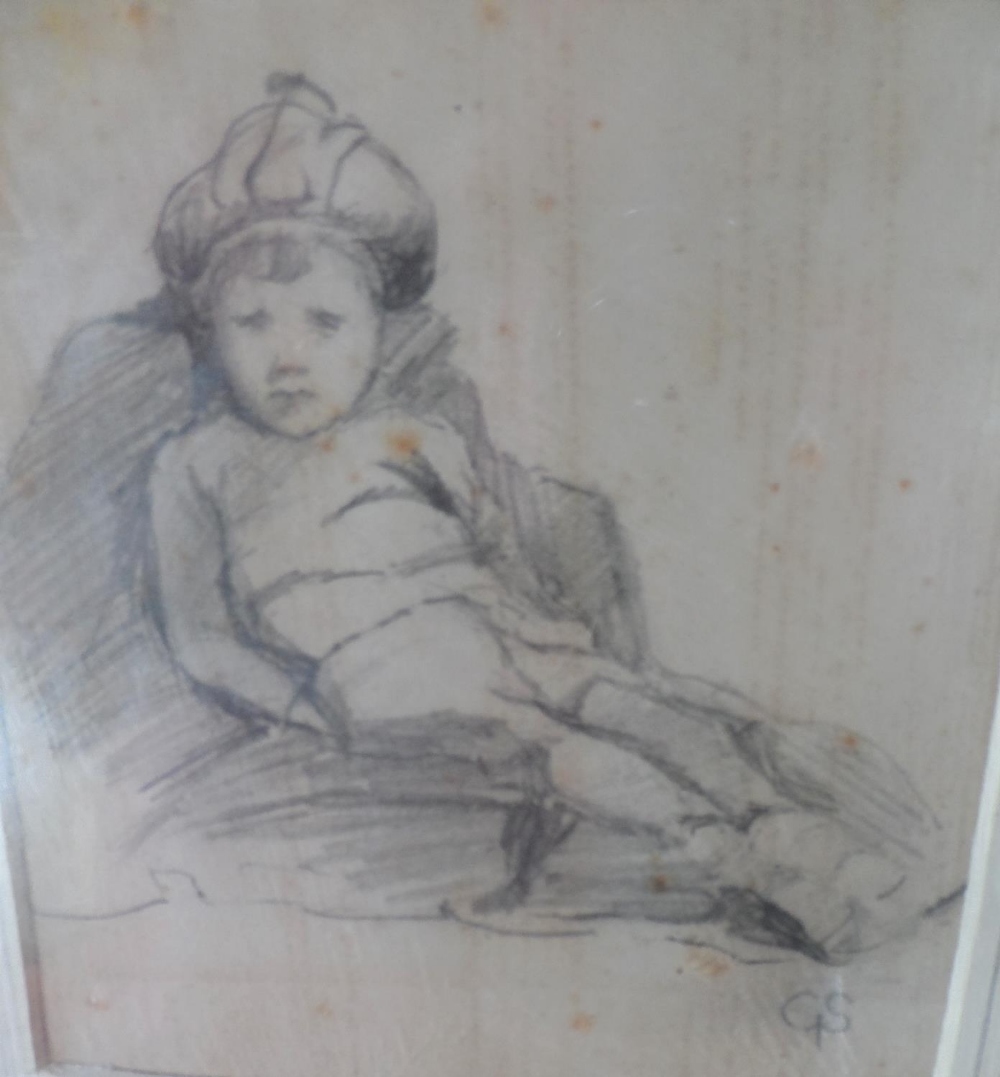 Mid 20thC pencil sketch of a young seated boy, signed with initials "G S", wood frame, The - Image 3 of 5