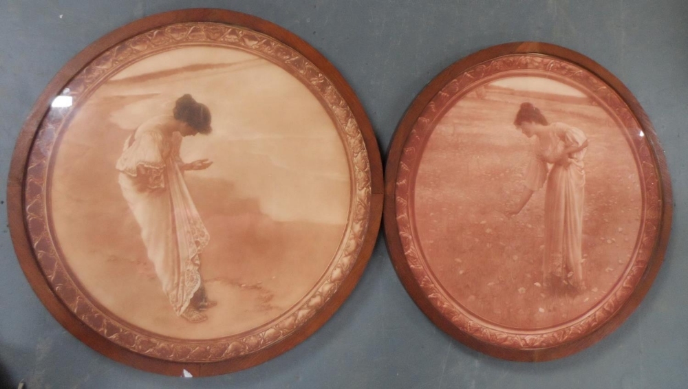 Pair of antique French circular prints in original, matching oak frames, The prints measure 50 cm in