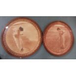 Pair of antique French circular prints in original, matching oak frames, The prints measure 50 cm in