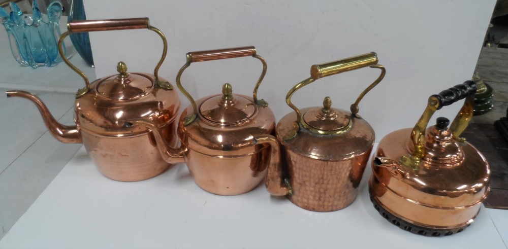 Four old copper kettles including a Simplex example (4)