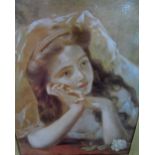 unsigned, late Victorian oil on card, portrait of a young lady in ornate gilt frame, The oil