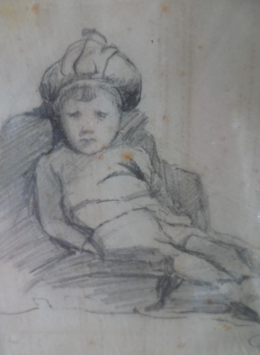 Mid 20thC pencil sketch of a young seated boy, signed with initials "G S", wood frame, The - Image 4 of 5