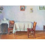 Fine quality, mid 20thC Russian school, interior scene oil, inscribed in Cyrillic & stamped verso.