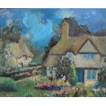 Unsigned, mid 20thC modernist oil on canvas, "Thatched cottages", framed, The oil measures 29 x 37