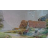 H Singleton, early 20thC watercolour "Lady before country cottage", wood framed, The w/c measures 14