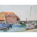 Indistinctly signed 1977 watercolour depicting small boats in inland harbour, signed and dated,