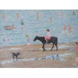 Gerry Gibbs 2005 oil on board, "Donkey rides on the beach", pine wood frame, The oil measures 29 x