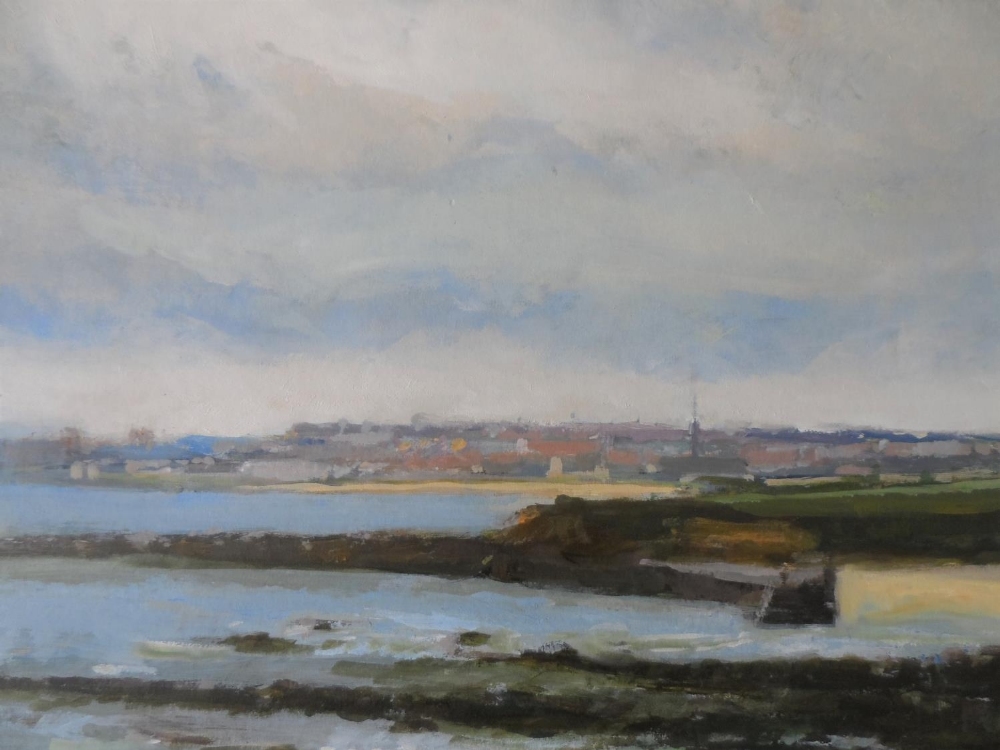 Fine quality, unsigned, 20thC impressionist oil on board, "View along the coast to distant town" - Image 4 of 5