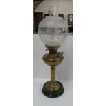 Fine quality Victorian brass columned oil lamp with etched glass & green ceramic base