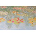 Large Gerry Gibbs 1976 impressionist oil on canvas, "Water-lilies", unframed, signed and dated, 51 x