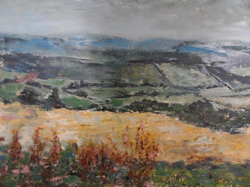 Large Denise MANNING 1957 oil on canvas, "Caradon to Dartmoor", signed and dated, gold coloured wood - Image 2 of 6
