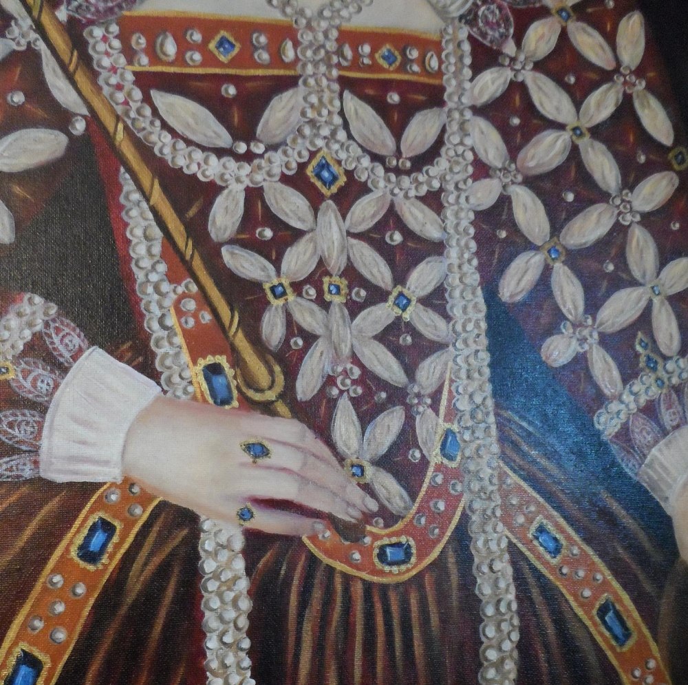 Large modern oil on board, portrait of Queen Elizabeth I in full pearl regalia, indistinctly - Image 5 of 6