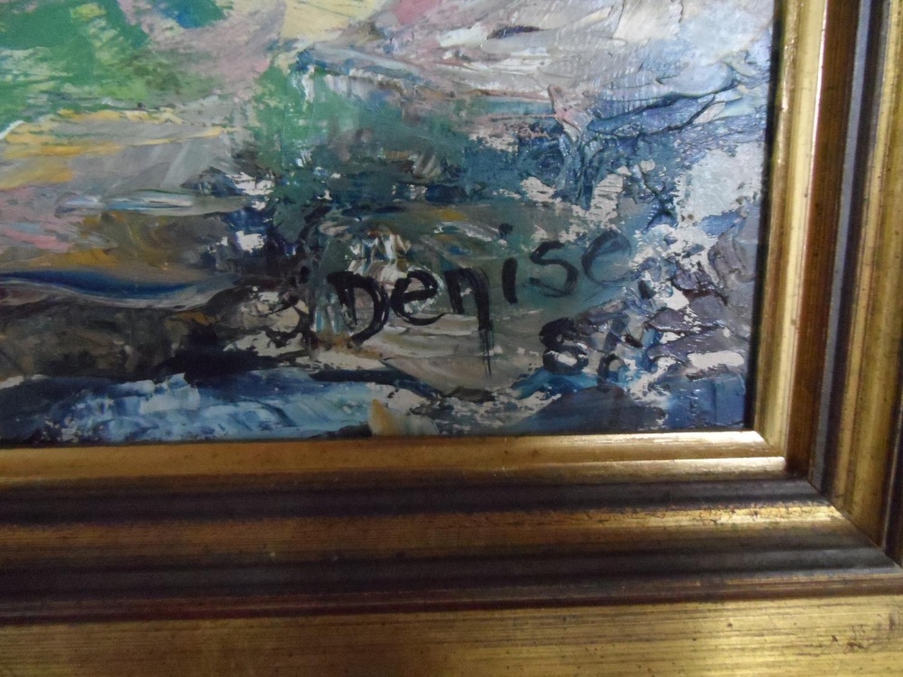 Large Denise MANNING 1957 oil on canvas, "Caradon to Dartmoor", signed and dated, gold coloured wood - Image 4 of 6