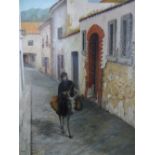 Doreen Parker oil "Algarve street scene, lady on donkey" framed, signed, The oil measures 46 x 36 cm