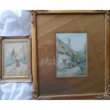 R Hayes, Edwardian watercolour, "Country cottage" in fine original frame together with J A Barter,