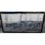 Large W Hopson late 20thC oil on canvas, "Steam trains in the sidings", signed, framed, The oil