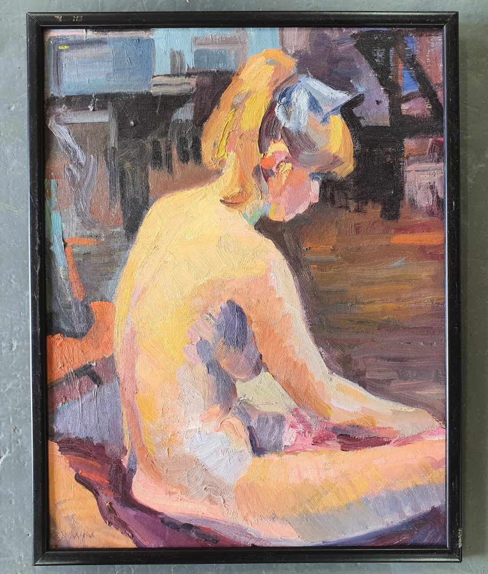 P J Unwin oil on board, "Back of nude girl", signed framed, The portrait measures 44 x 33 cm - Image 2 of 4