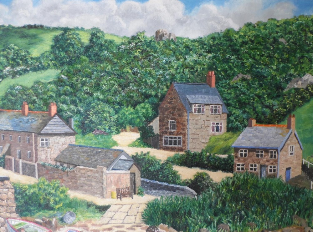 Large Gerry Gibbs oil on canvas, "Cornish cottages", unframed, signed & dated, 51 x 76 cm - Image 4 of 7