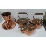 Three antique copper kettles, circular copper tray & unusual copper vase (5)