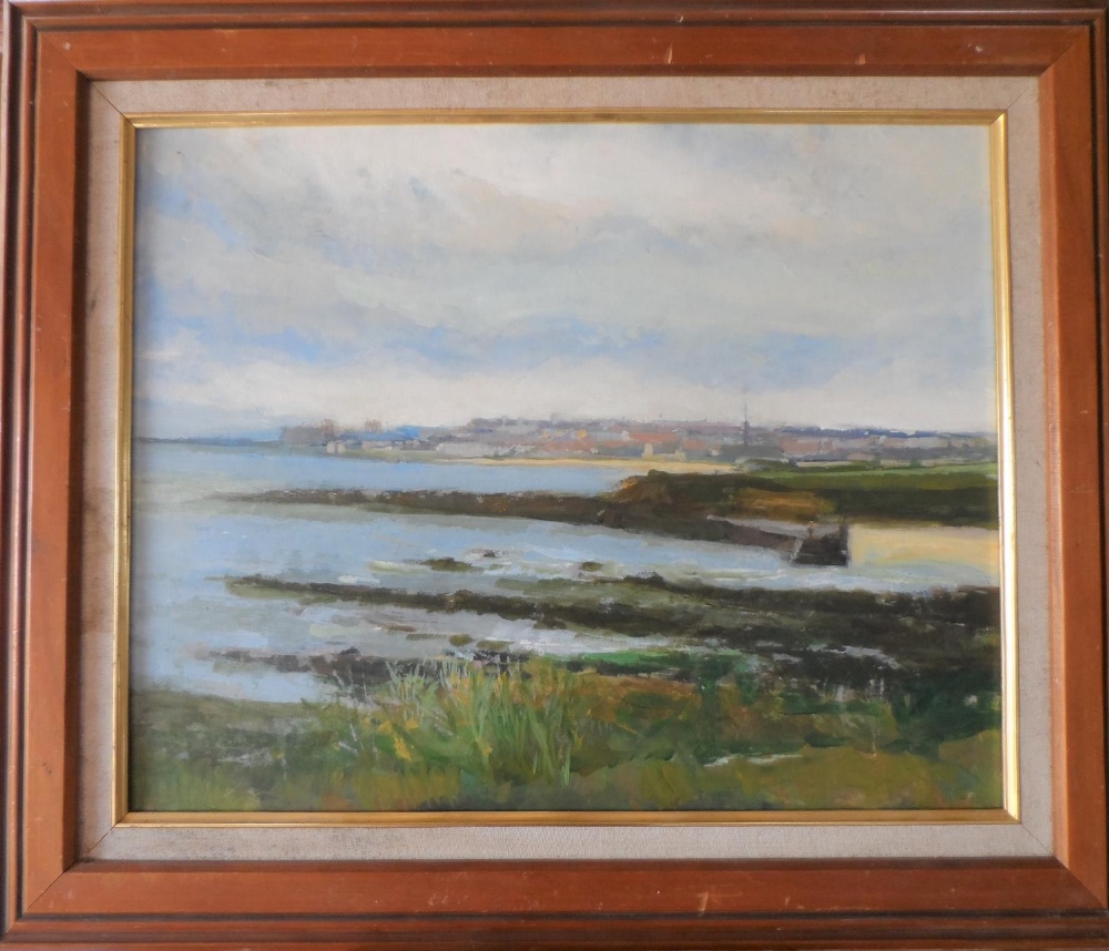 Fine quality, unsigned, 20thC impressionist oil on board, "View along the coast to distant town" - Image 2 of 5