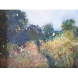 Unsigned impressionist British landscape oil on thin card, in wide wood frame, The oil measures 14 x