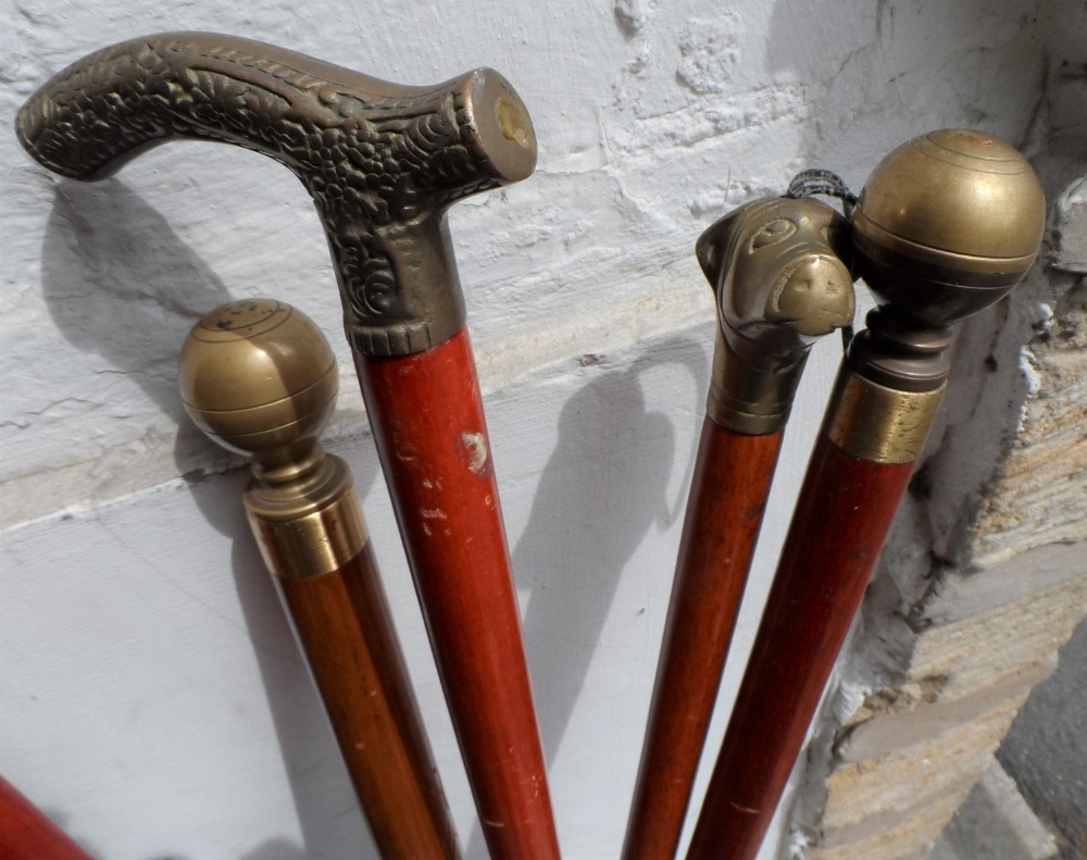 Collection of mainly brass topped walking sticks in brass holder (Qty) - Image 2 of 2