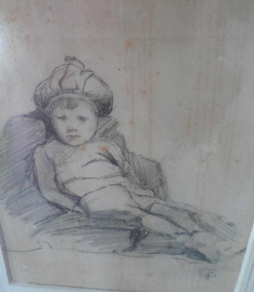 Mid 20thC pencil sketch of a young seated boy, signed with initials "G S", wood frame, The