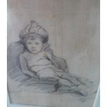 Mid 20thC pencil sketch of a young seated boy, signed with initials "G S", wood frame, The