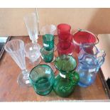 Collection of Victorian glassware to include Cranberry red, Bristol green and blue examples (Qty)