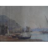 Unsigned, early/mid 19thC watercolour "Beached fishing boats", framed and glazed, The w/c measures