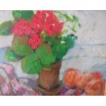 Unsigned late 20thC post impressionist still-life oil on board, Geraniums & oranges, framed, The oil