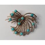 9ct yellow Art Deco style ladies brooch set with Turquoise, 7.5 grams gross