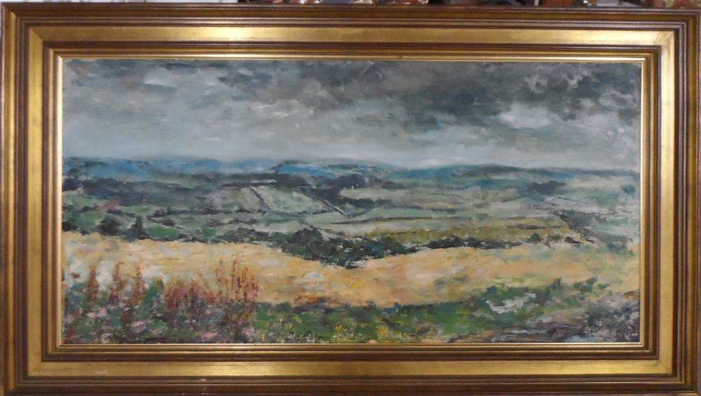 Large Denise MANNING 1957 oil on canvas, "Caradon to Dartmoor", signed and dated, gold coloured wood