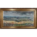 Large Denise MANNING 1957 oil on canvas, "Caradon to Dartmoor", signed and dated, gold coloured wood