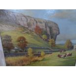R R Berry oil on canvas, "Cows grazing at Kilnsey, north Yorkshire", wood framed The oil measures 51