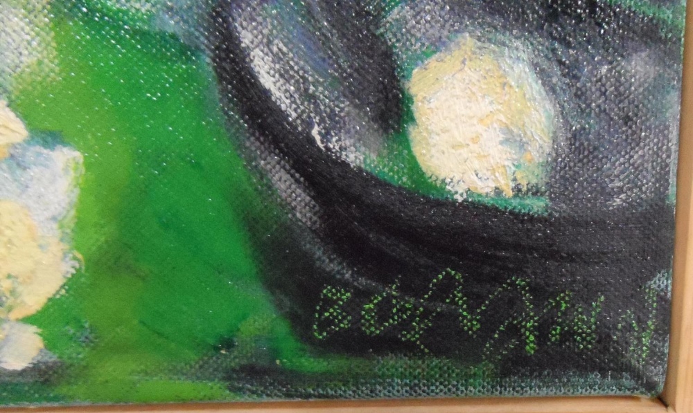 Bob Evans oil on canvas, impressionist still-life in green, thin wood surround, 30 x 30 cm - Image 2 of 3