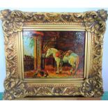 Small oil on copper, indistinctly signed "Horse in stable" in the manner of George Morland, in