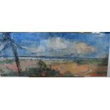 Indistinctly monogrammed post-impressionist oil on canvas, "Tropical beach scene", unframed, 20 x 50