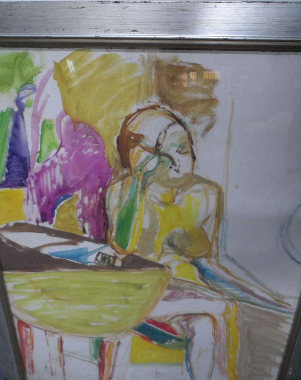 Large, mid/late 20thC, modernist oil on card sketch of a lady seated at a table, unsigned, framed - Image 2 of 3