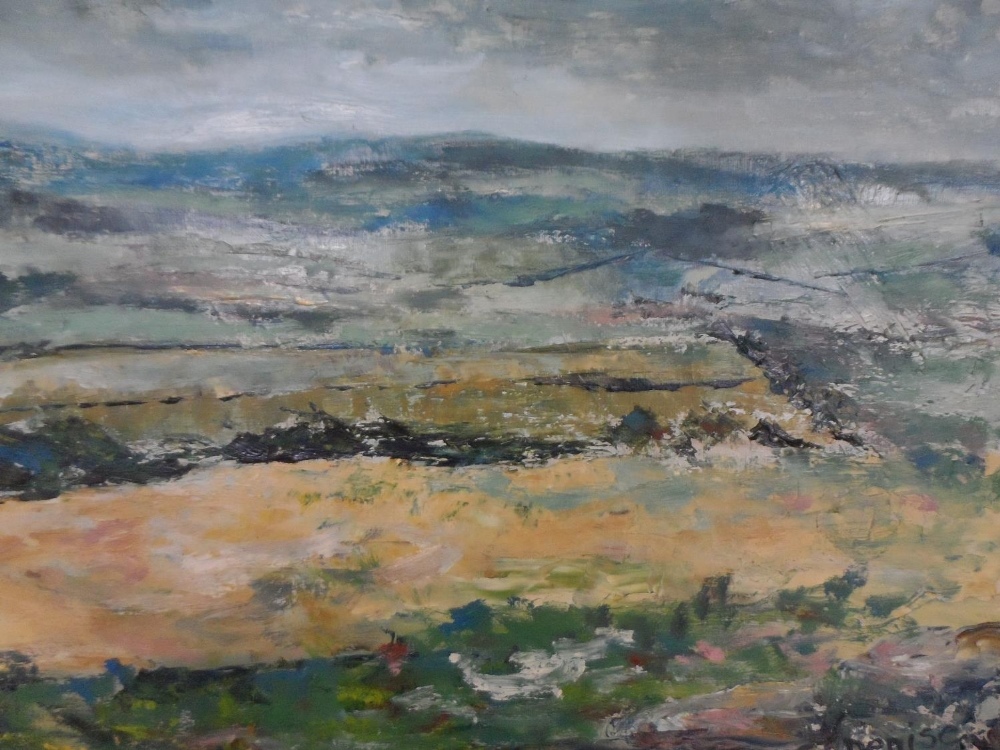 Large Denise MANNING 1957 oil on canvas, "Caradon to Dartmoor", signed and dated, gold coloured wood - Image 3 of 6