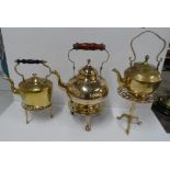 3 antique brass kettles on period brass stands (6)