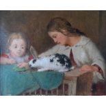 Unsigned small Victorian oil on paper, "Feeding the rabbit", mounted but unframed, The oil