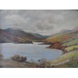 W H Hutchings 1938 oil on board, "Highland lake scene", signed, thin molded frame, The oil